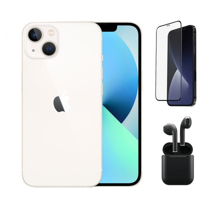 Refurbished Apple iPhone 13 A2482 (Fully Unlocked) 256GB Starlight (Grade A) Bundle with Pre-Installed Tempered Glass and Bluetooth Earbuds