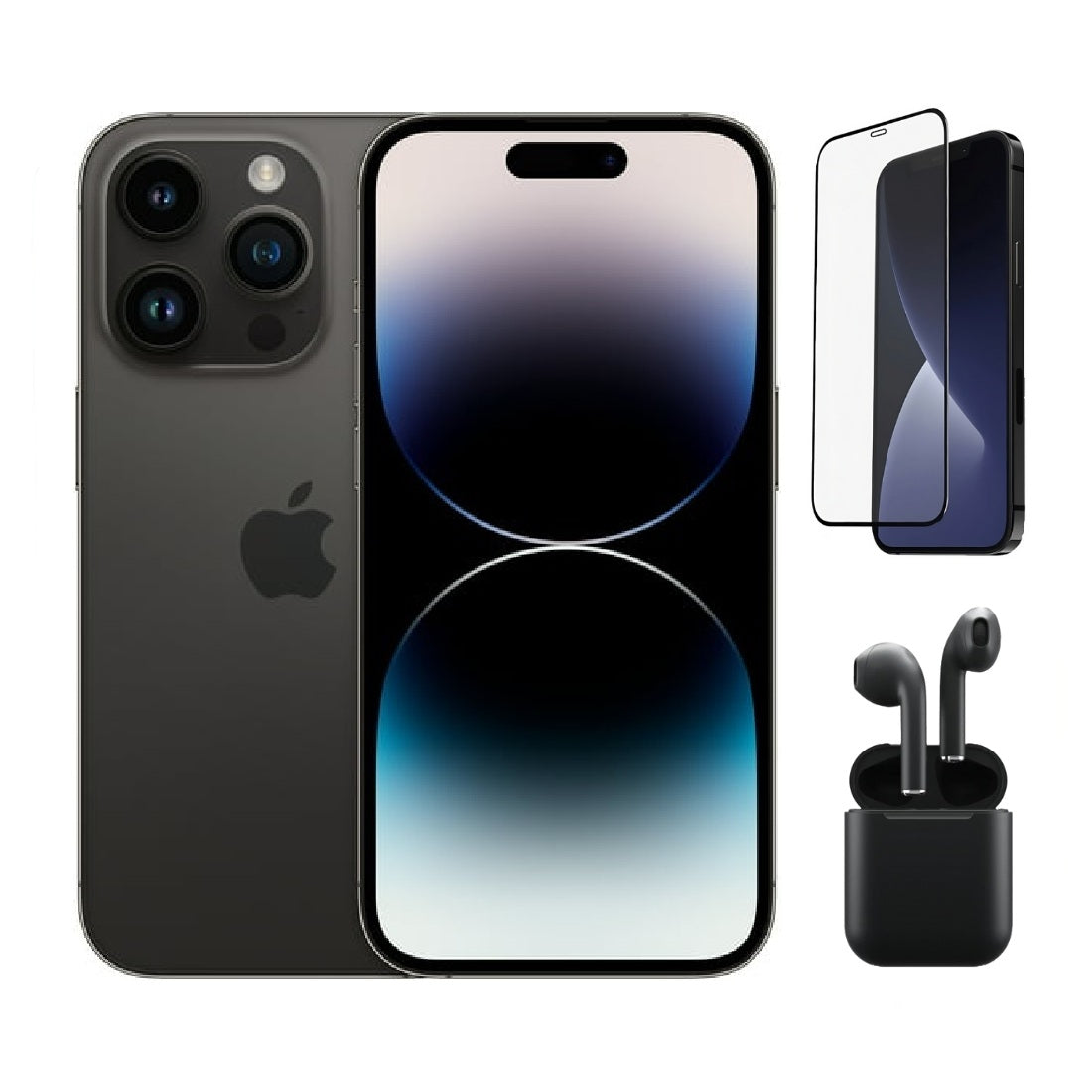 Refurbished Apple iPhone 14 Pro Max A2651 (Fully Unlocked) 128GB Space Black (Grade A) Bundle with Pre-Installed Tempered Glass and Bluetooth Earbuds