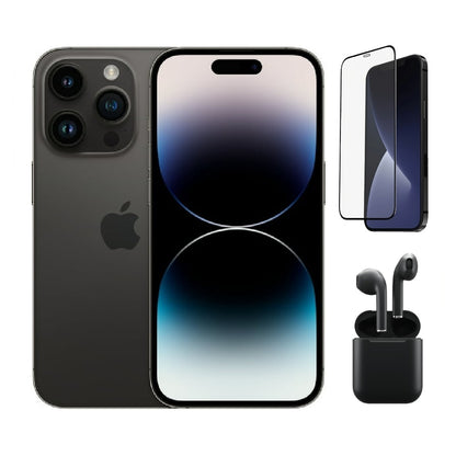 Refurbished Apple iPhone 14 Pro Max A2651 (Fully Unlocked) 128GB Space Black (Grade A) Bundle with Pre-Installed Tempered Glass and Bluetooth Earbuds