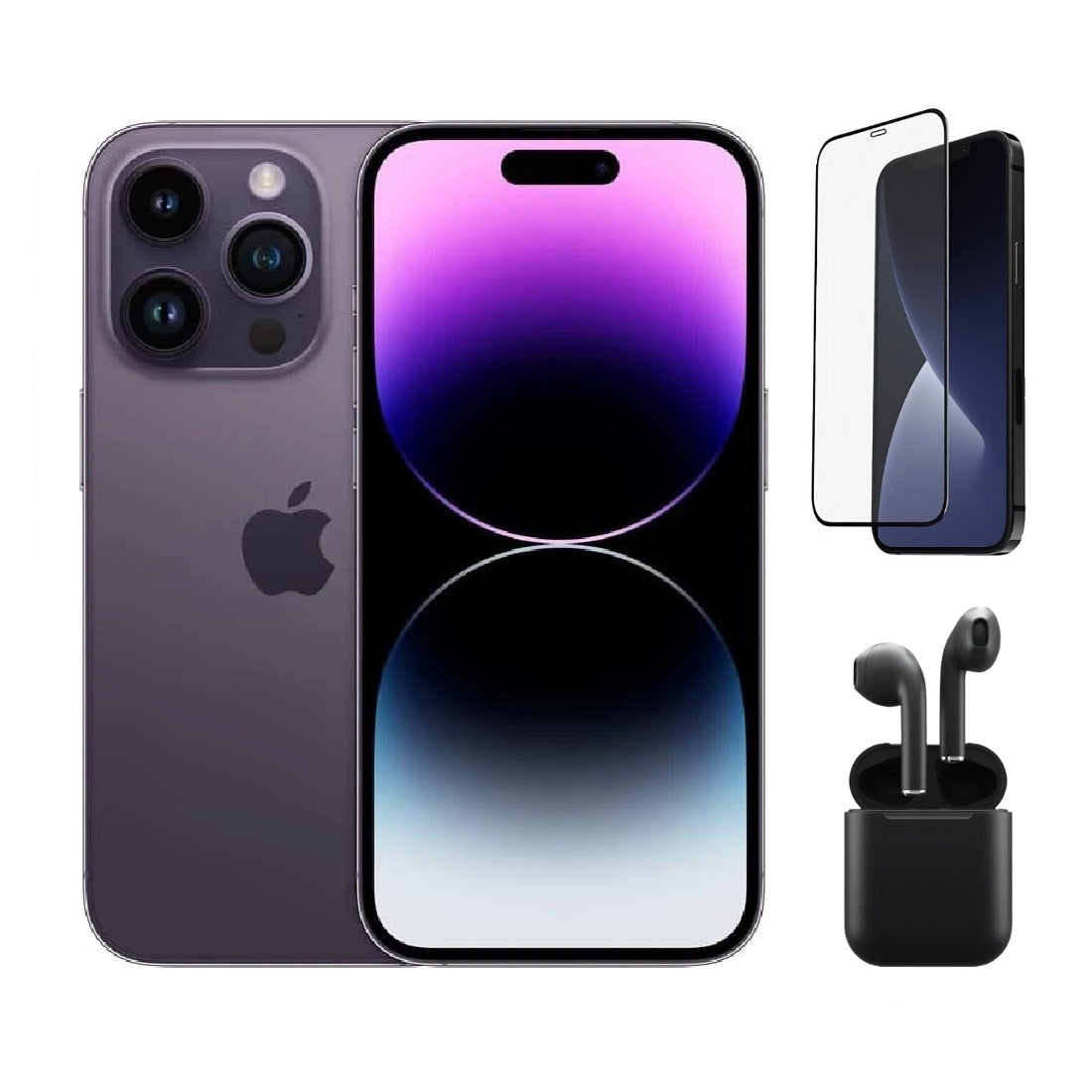 Refurbished Apple iPhone 14 Pro Max A2651 (Fully Unlocked) 128GB Deep Purple (Grade A) Bundle with Pre-Installed Tempered Glass and Bluetooth Earbuds
