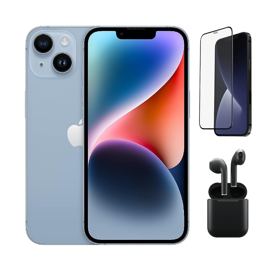 Refurbished Apple iPhone 14 A2649 (Fully Unlocked) 512GB Blue (Grade A) Bundle with Pre-Installed Tempered Glass and Bluetooth Earbuds