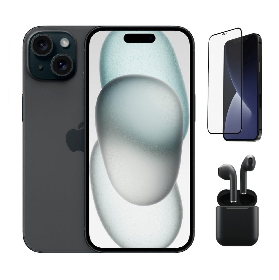 Refurbished Apple iPhone 15 Plus A2847 (Fully Unlocked) 128GB Black (Grade A+) Bundle with Pre-Installed Tempered Glass and Bluetooth Earbuds