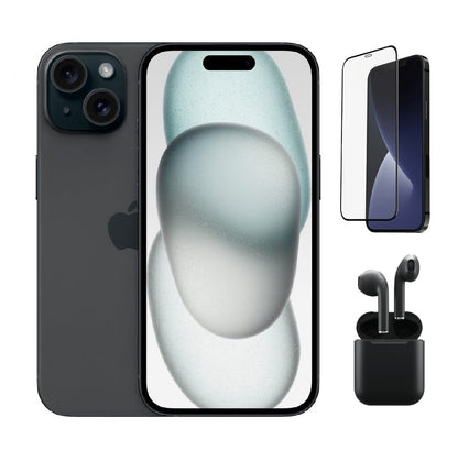 Refurbished Apple iPhone 15 Plus A2847 (Fully Unlocked) 128GB Black Bundle with Pre-Installed Tempered Glass and Bluetooth Earbuds