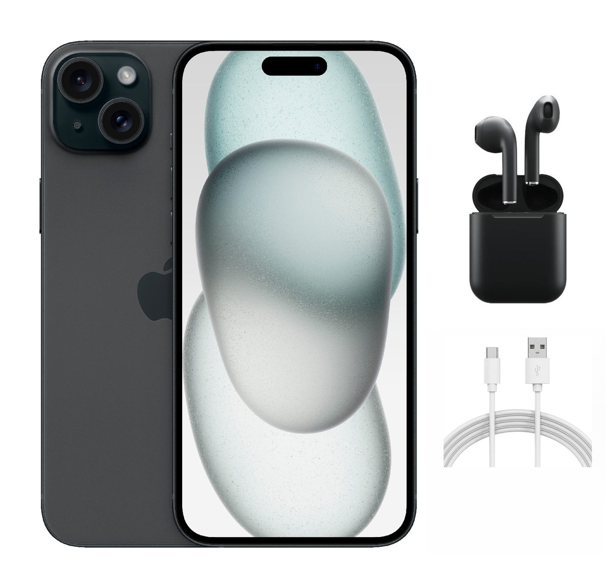 Refurbished Apple iPhone 15 Plus A2847 (Fully Unlocked) 128GB Black (Grade B) w/ Wireless Earbuds