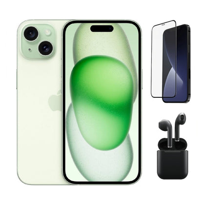 Refurbished Apple iPhone 15 Plus A2847 (Fully Unlocked) 128GB Green (Grade A+) Bundle with Pre-Installed Tempered Glass and Bluetooth Earbuds