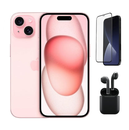Refurbished Apple iPhone 15 Plus A2847 (Fully Unlocked) 128GB Pink Bundle with Pre-Installed Tempered Glass and Bluetooth Earbuds