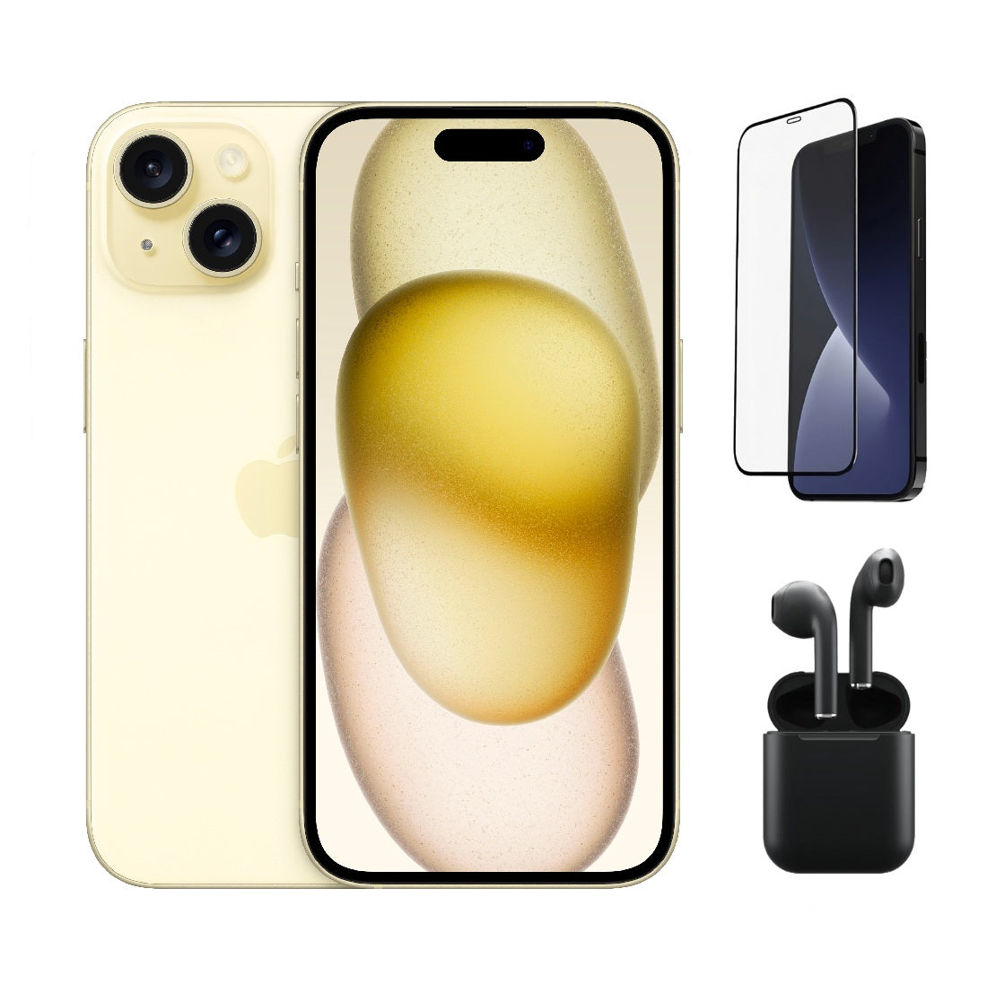 Refurbished Apple iPhone 15 Plus A2847 (Fully Unlocked) 128GB Yellow (Grade A+) Bundle with Pre-Installed Tempered Glass and Bluetooth Earbuds