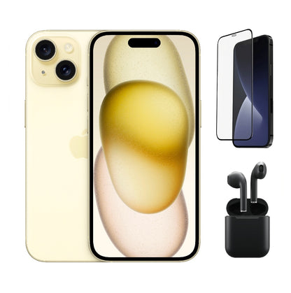 Refurbished Apple iPhone 15 Plus A2847 (Fully Unlocked) 512GB Yellow (Grade A+) Bundle with Pre-Installed Tempered Glass and Bluetooth Earbuds