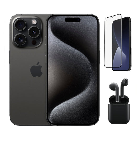 Refurbished Apple iPhone 15 Pro Max A2849 (Fully Unlocked) 1TB Black Titanium (Grade A) Bundle with Pre-Installed Tempered Glass and Bluetooth Earbuds