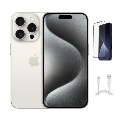 Refurbished Apple iPhone 15 Pro Max A2849 (Fully Unlocked) 1TB White Titanium (Grade B) w/ Pre-Installed Tempered Glass
