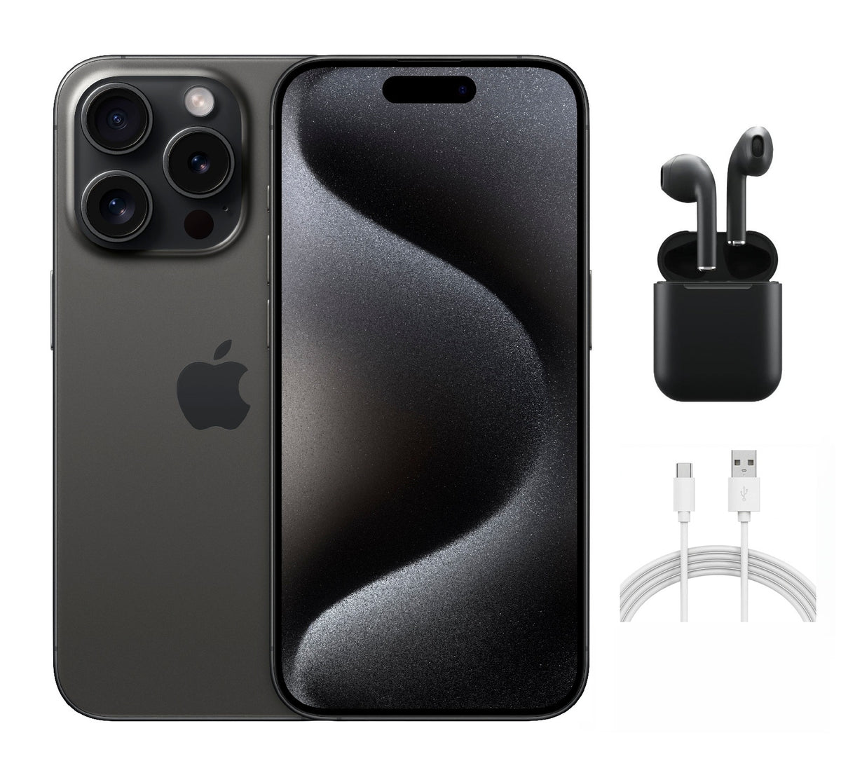 Refurbished Apple iPhone 15 Pro A2848 (Fully Unlocked) 128GB Black Titanium (Grade B) w/ Wireless Earbuds