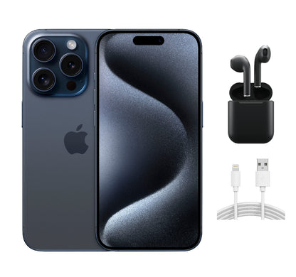 Refurbished Apple iPhone 15 Pro A2848 (Fully Unlocked) 128GB Blue Titanium (Grade A) w/ Wireless Earbuds
