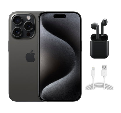 Refurbished Apple iPhone 15 Pro A2848 (Fully Unlocked) 1TB Black Titanium (Grade A) w/ Wireless Earbuds