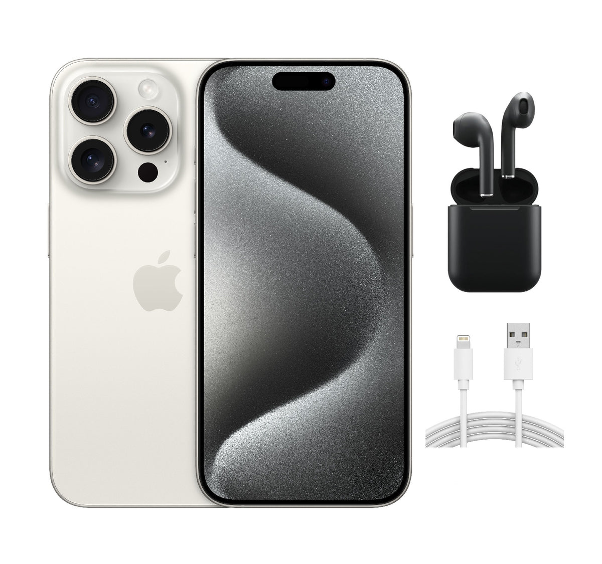 Refurbished Apple iPhone 15 Pro A2848 (Fully Unlocked) 1TB White Titanium (Grade B) w/ Wireless Earbuds