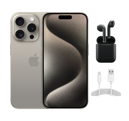 Refurbished Apple iPhone 15 Pro A2848 (Fully Unlocked) 256GB Natural Titanium (Grade B) w/ Wireless Earbuds
