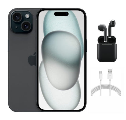 Refurbished Apple iPhone 15 A2846 (Fully Unlocked) 128GB Black (Grade A) w/ Wireless Earbuds