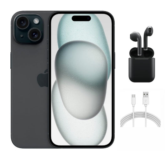 Refurbished Apple iPhone 15 A2846 (Fully Unlocked) 128GB Black (Grade A) w/ Wireless Earbuds