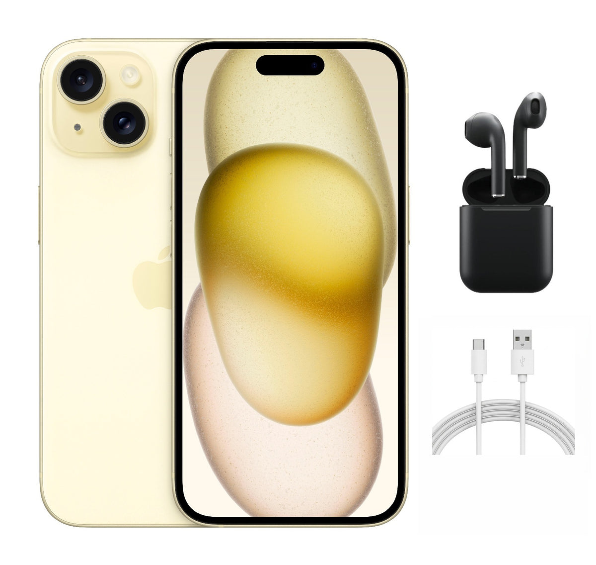 Refurbished Apple iPhone 15 A2846 (Fully Unlocked) 128GB Yellow (Grade A+) w/ Wireless Earbuds