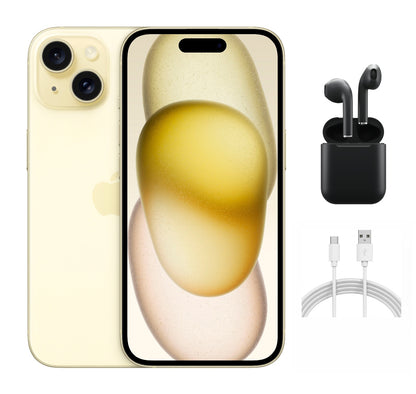 Refurbished Apple iPhone 15 A2846 (Fully Unlocked) 128GB Yellow (Grade A+) w/ Wireless Earbuds