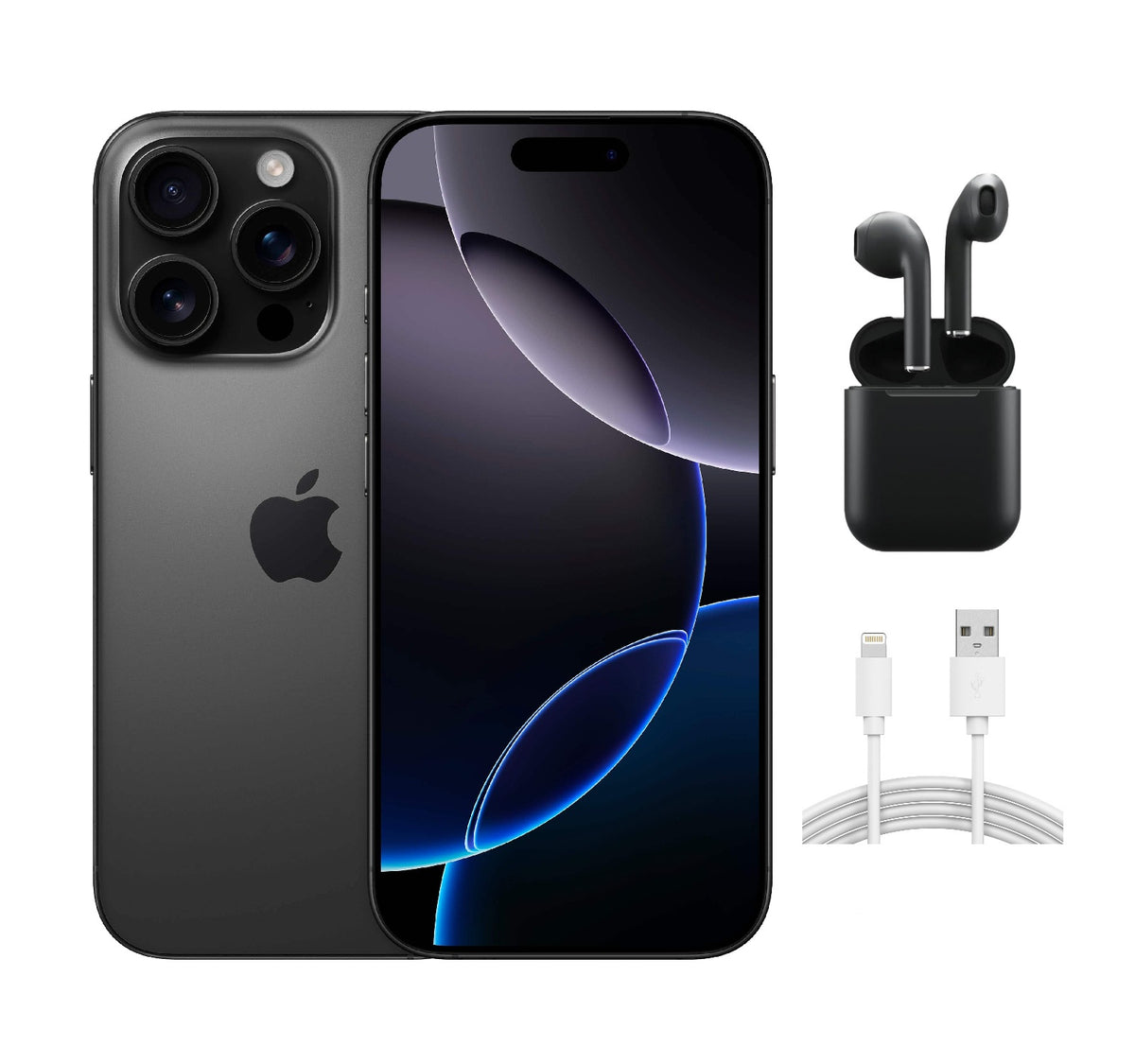 Refurbished Apple iPhone 16 Pro A3083 (Fully Unlocked) 128GB Black Titanium (Grade B) w/ Wireless Earbuds