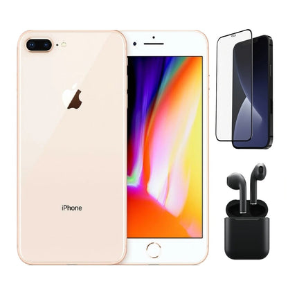 Refurbished Apple iPhone 8 Plus A1864 (Fully Unlocked) 64GB Gold Bundle with Pre-Installed Tempered Glass and Bluetooth Earbuds