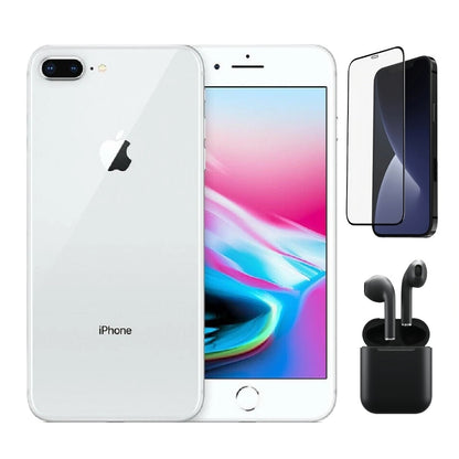 Refurbished Apple iPhone 8 Plus A1864 (Fully Unlocked) 64GB Silver (Grade A+) Bundle with Pre-Installed Tempered Glass and Bluetooth Earbuds