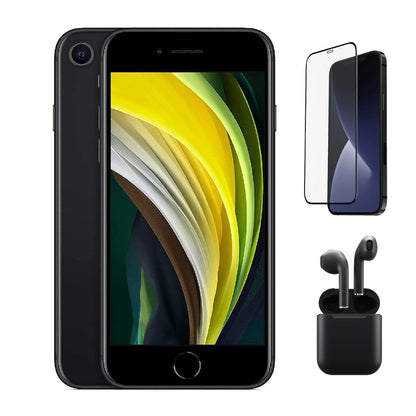 Refurbished Apple iPhone SE (2nd Gen) A2275 (Fully Unlocked) 128GB Black Bundle with Pre-Installed Tempered Glass and Bluetooth Earbuds