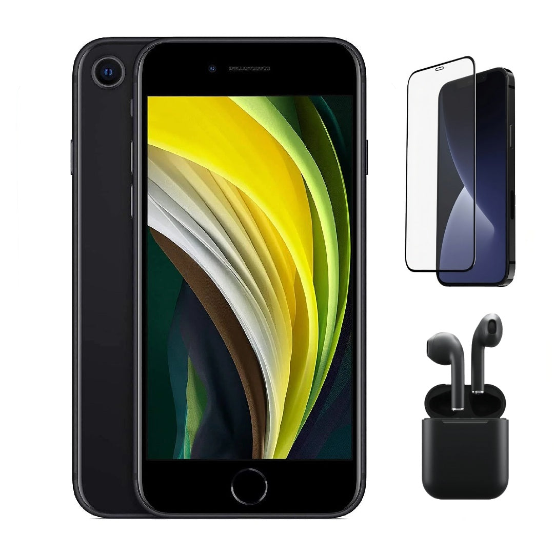 Refurbished Apple iPhone SE (2nd Gen) A2275 (Fully Unlocked) 64GB Black (Grade A) Bundle with Pre-Installed Tempered Glass and Bluetooth Earbuds