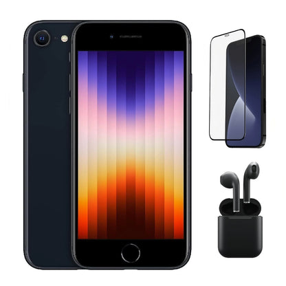 Refurbished Apple iPhone SE (3rd Gen) A2595 (Fully Unlocked) 64GB Midnight (Grade A+) Bundle with Pre-Installed Tempered Glass and Bluetooth Earbuds