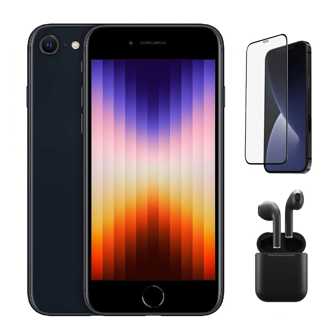 Refurbished Apple iPhone SE (3rd Gen) A2595 (Fully Unlocked) 64GB Midnight Bundle with Pre-Installed Tempered Glass and Bluetooth Earbuds