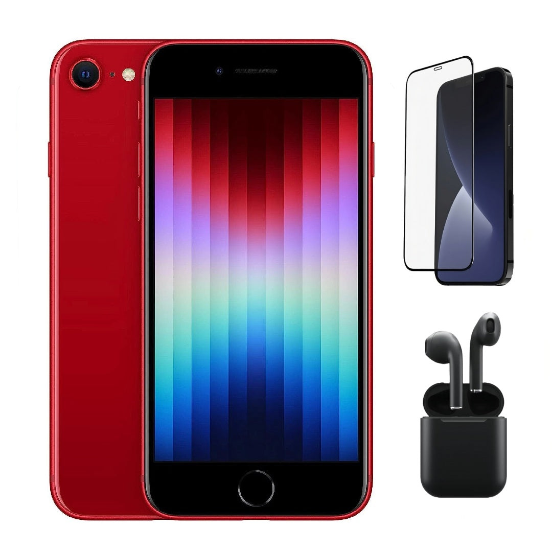 Refurbished Apple iPhone SE (3rd Gen) A2595 (Fully Unlocked) 64GB Red (Grade A) Bundle with Pre-Installed Tempered Glass and Bluetooth Earbuds