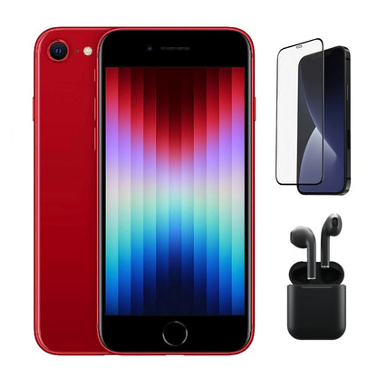 Refurbished Apple iPhone SE (3rd Gen) A2595 (Fully Unlocked) 64GB Red (Grade A) Bundle with Pre-Installed Tempered Glass and Bluetooth Earbuds