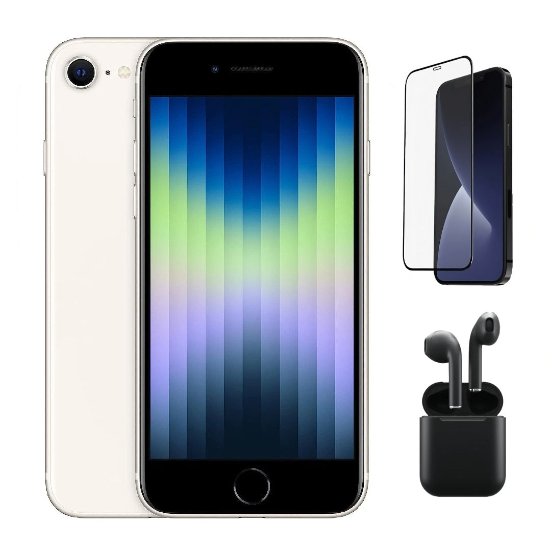 Refurbished Apple iPhone SE (3rd Gen) A2595 (Fully Unlocked) 64GB Starlight (Grade A) Bundle with Pre-Installed Tempered Glass and Bluetooth Earbuds