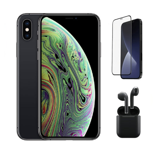 Refurbished Apple iPhone XS A1920 (Fully Unlocked) 256GB Space Gray Bundle with Pre-Installed Tempered Glass and Bluetooth Earbuds
