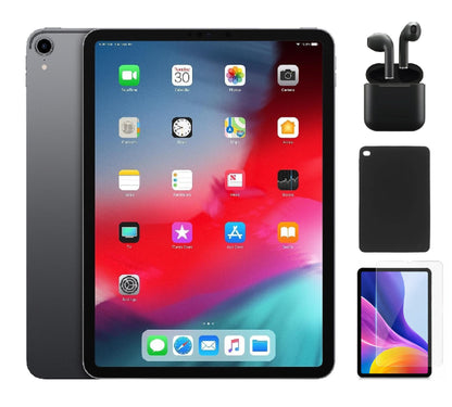 Refurbished Apple iPad Pro 11" (2018) A2013 (WiFi + Cellular Unlocked) 512GB Space Gray (Grade A+) Bundle with Case, Wireless Earbuds,Tempered Glass Screen Protector
