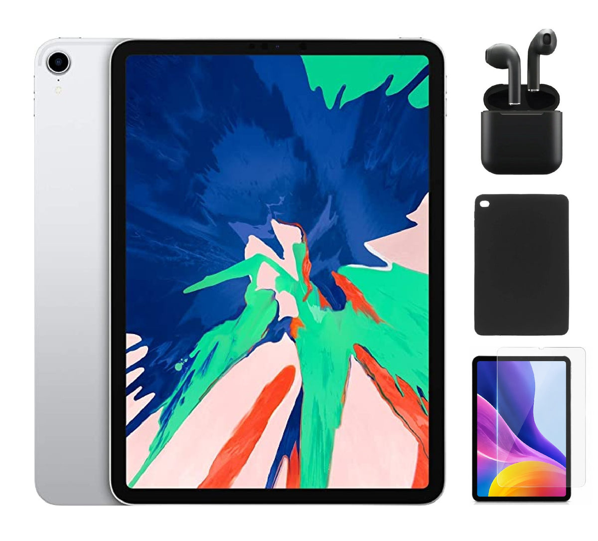 Refurbished Apple iPad Pro 11 (2018) A2013 (WiFi + Cellular Unlocked) 64GB Silver (Grade A+) Bundle with Case, Wireless Earbuds,Tempered Glass Screen Protector