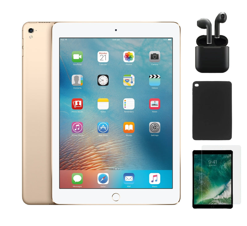 Refurbished Apple iPad Pro 9.7 (1st Gen) A1673 (WiFi) 128GB Gold (Grade A+) Bundle with Case, Wireless Earbuds,Tempered Glass Screen Protector