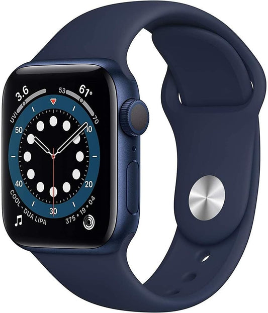 Refurbished Apple Watch Series 6 Aluminum 40mm A2291 (GPS Only, No Cellular) Blue (Grade A) Bundle with Pre-Installed Tempered Glass and Bluetooth Earbuds