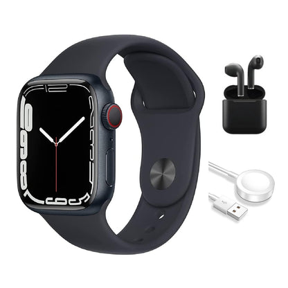 Refurbished Apple Watch Series 7 Aluminum 41 mm (GPS Only, No Cellular) Midnight Black (Grade B) w/ Wireless Earbuds