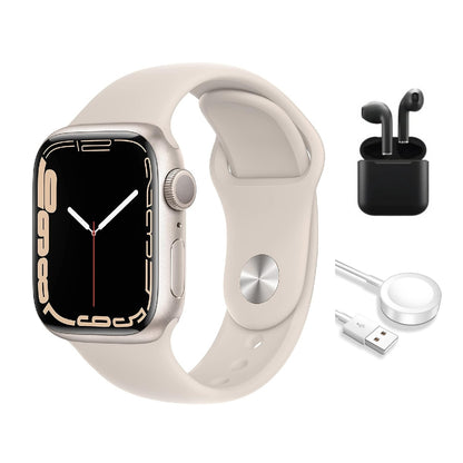 Refurbished Apple Watch Series 7 Aluminum 41mm A2473 (GPS Only, No Cellular) Starlight (Grade B) w/ Wireless Earbuds