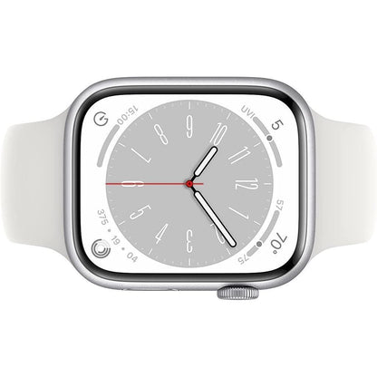Refurbished Apple Watch Series 8 Aluminum 41mm A2770 (GPS Only, No Cellular) Silver (Grade A+) Bundle with Pre-Installed Tempered Glass and Bluetooth Earbuds