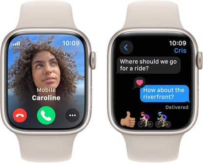 Refurbished Apple Watch Series 9 Aluminum 41mm A2978 (GPS Only, No Cellular) Starlight (Grade A+) Bundle with Pre-Installed Tempered Glass and Bluetooth Earbuds