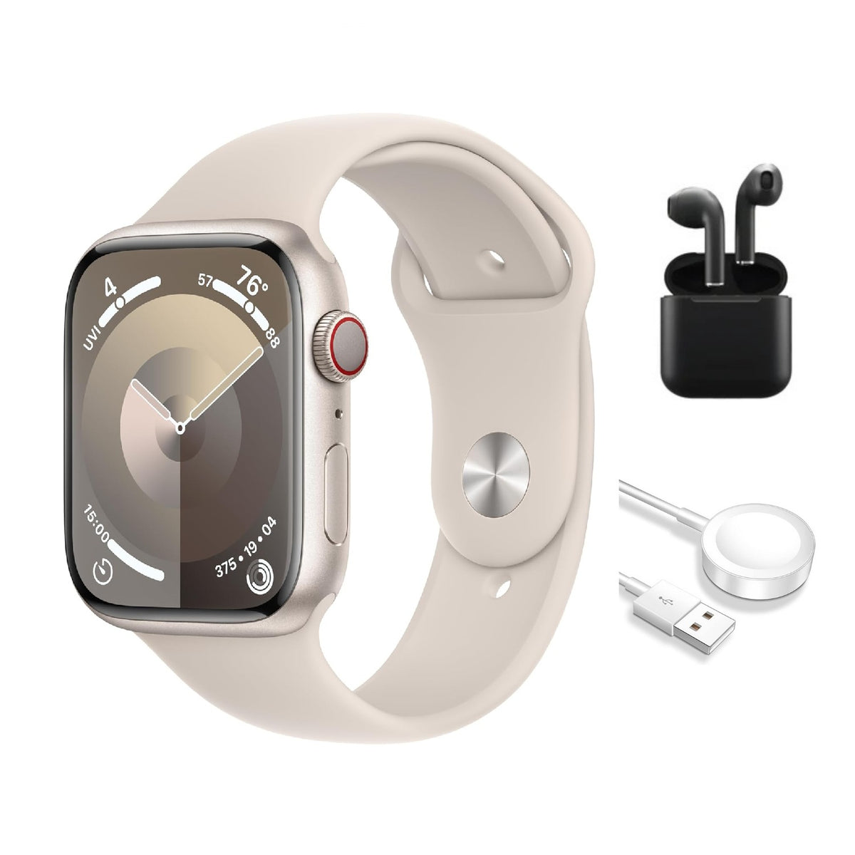 Refurbished Apple Watch Series 9 Aluminum 41mm A2978 (GPS Only, No Cellular) Starlight (Grade B) w/ Wireless Earbuds