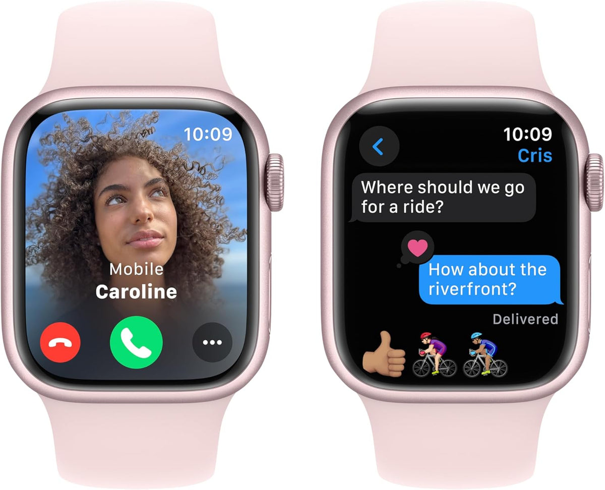 Refurbished Apple Watch Series 9 Aluminum 45mm A2980 (GPS Only, No Cellular) Pink (Grade A+) Bundle with Pre-Installed Tempered Glass and Bluetooth Earbuds