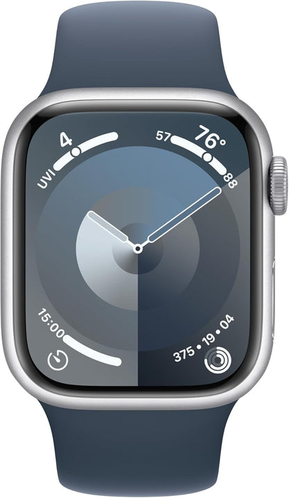 Refurbished Apple Watch Series 9 Aluminum 45mm A2980 (GPS Only, No Cellular) Silver (Grade A+) Bundle with Pre-Installed Tempered Glass and Bluetooth Earbuds