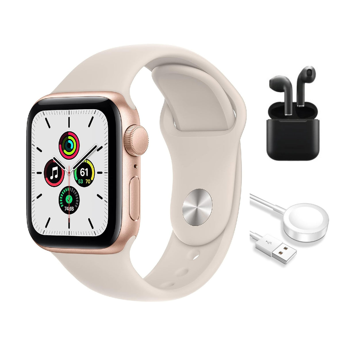 Refurbished Apple Watch SE (2020) 1st Gen 40mm A2351 (GPS Only, No Cellular) Gold (Grade B) w/ Wireless Earbuds