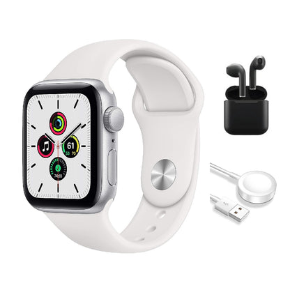 Refurbished Apple Watch SE (2020) 1st Gen 40mm A2351 (GPS Only, No Cellular) Silver (Grade B) w/ Wireless Earbuds