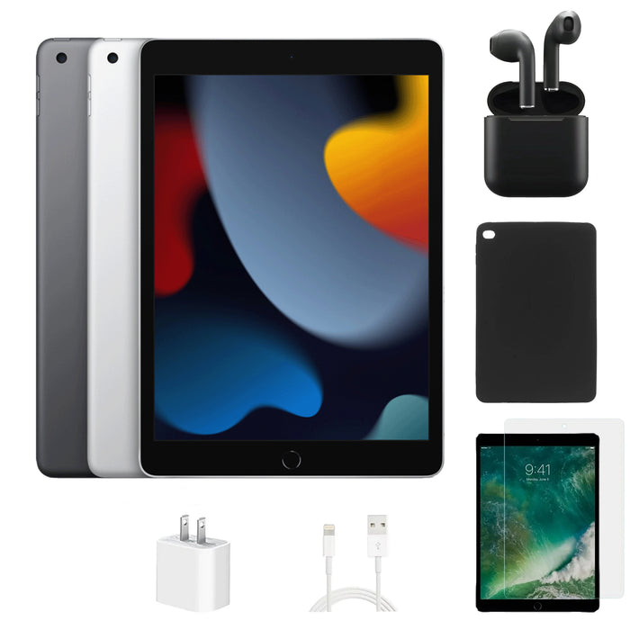 Refurbished Apple iPad 9th Gen | WiFi | Bundle w/ Case, Wireless Earbuds,Tempered Glass Screen Protector