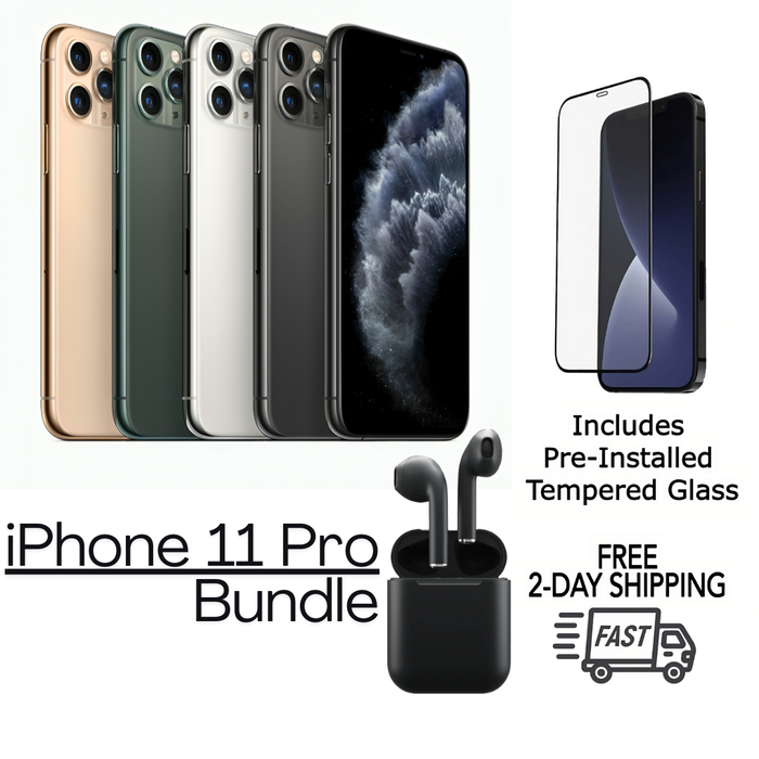 Refurbished Apple iPhone 11 Pro | Fully Unlocked | Bundle w/ Pre-Installed Tempered Glass and Bluetooth Earbuds