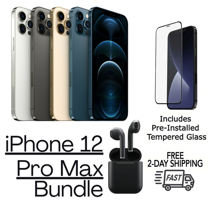 Refurbished Apple iPhone 12 Pro Max | Fully Unlocked | Bundle w/ Pre-Installed Tempered Glass and Bluetooth Earbuds